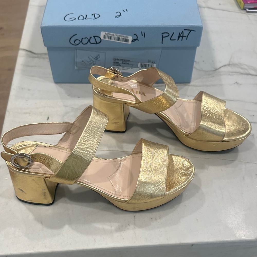 Prada Gold Block Heel Sandals - Picture 3 of 11